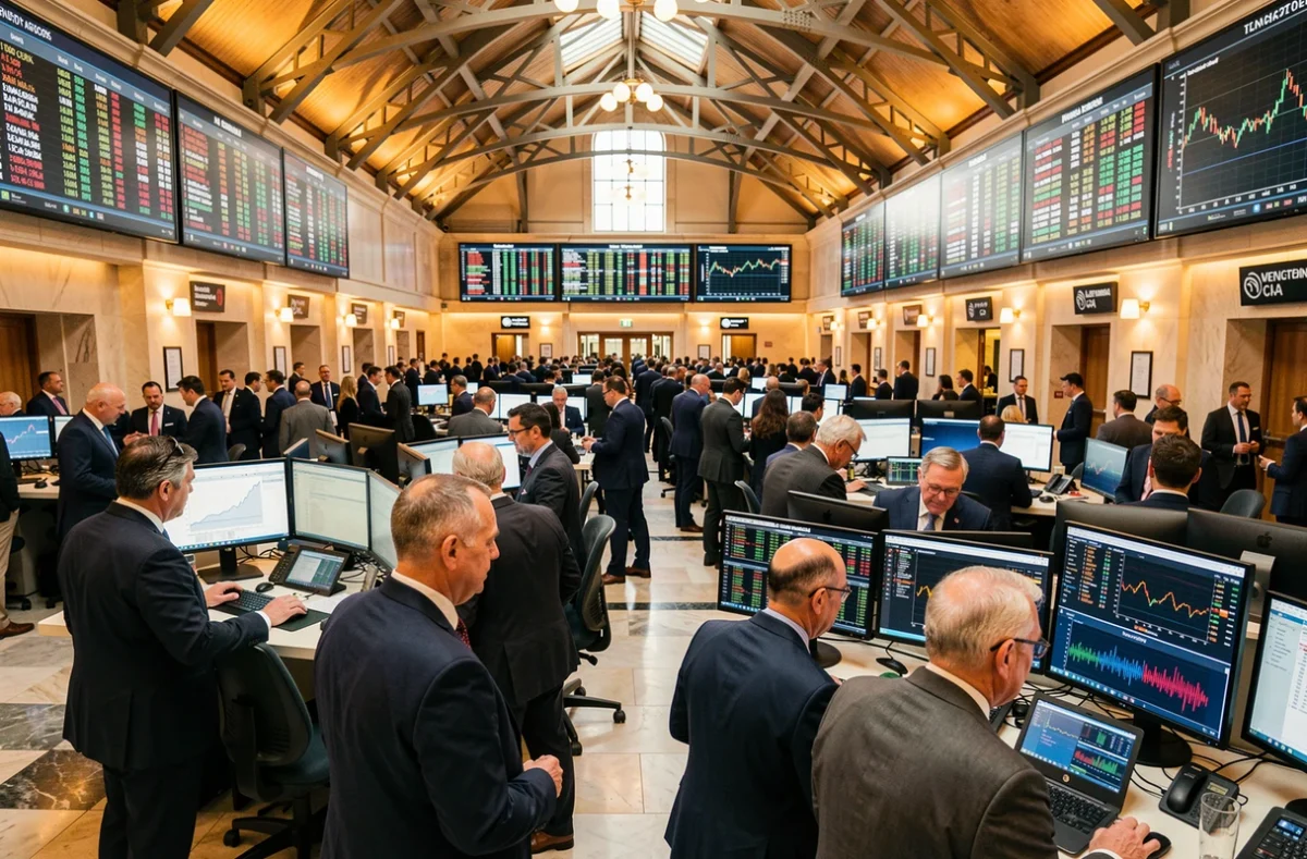 Vue panoramique d'une salle des marchés financiers internationale avec des traders analysant des données économiques mondiales