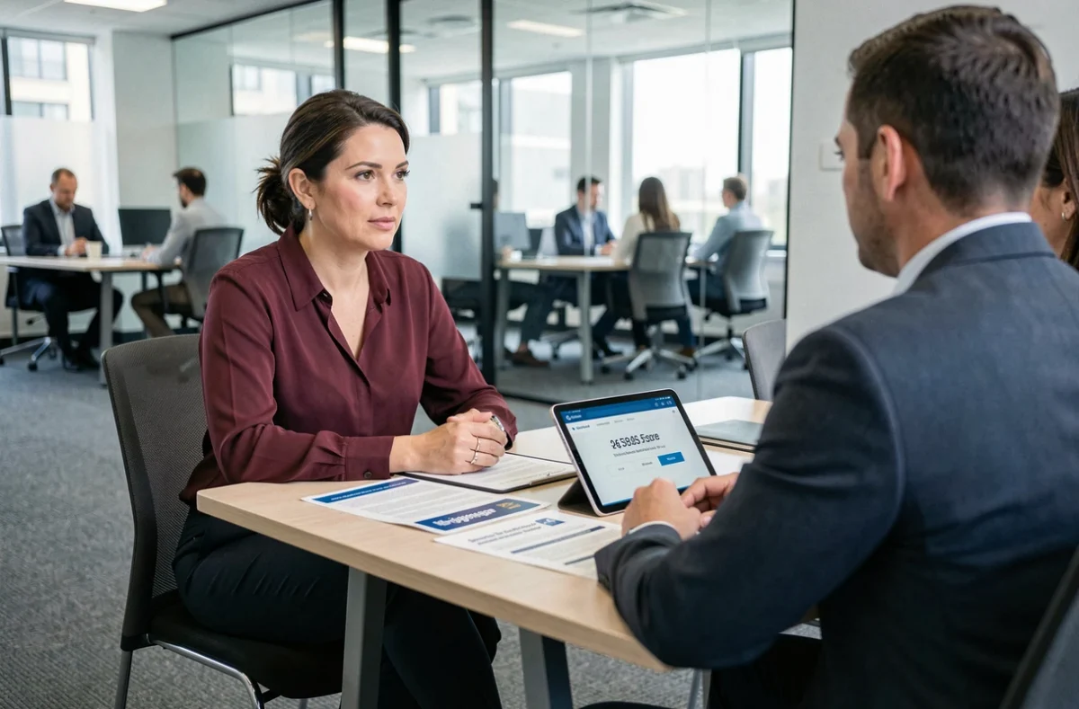 Conseillère Securimut présentant une offre d'assurance emprunteur à un couple dans un bureau professionnel