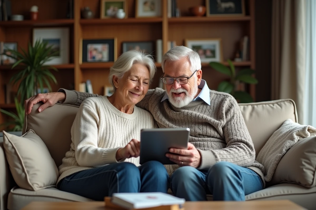 Couple de seniors consultant leur espace adhérent CMUT sur une tablette dans leur salon