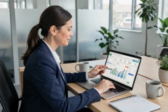 Femme consultant son compte épargne salariale sur un ordinateur portable dans un bureau moderne