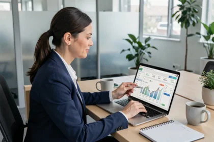 Femme consultant son compte épargne salariale sur un ordinateur portable dans un bureau moderne