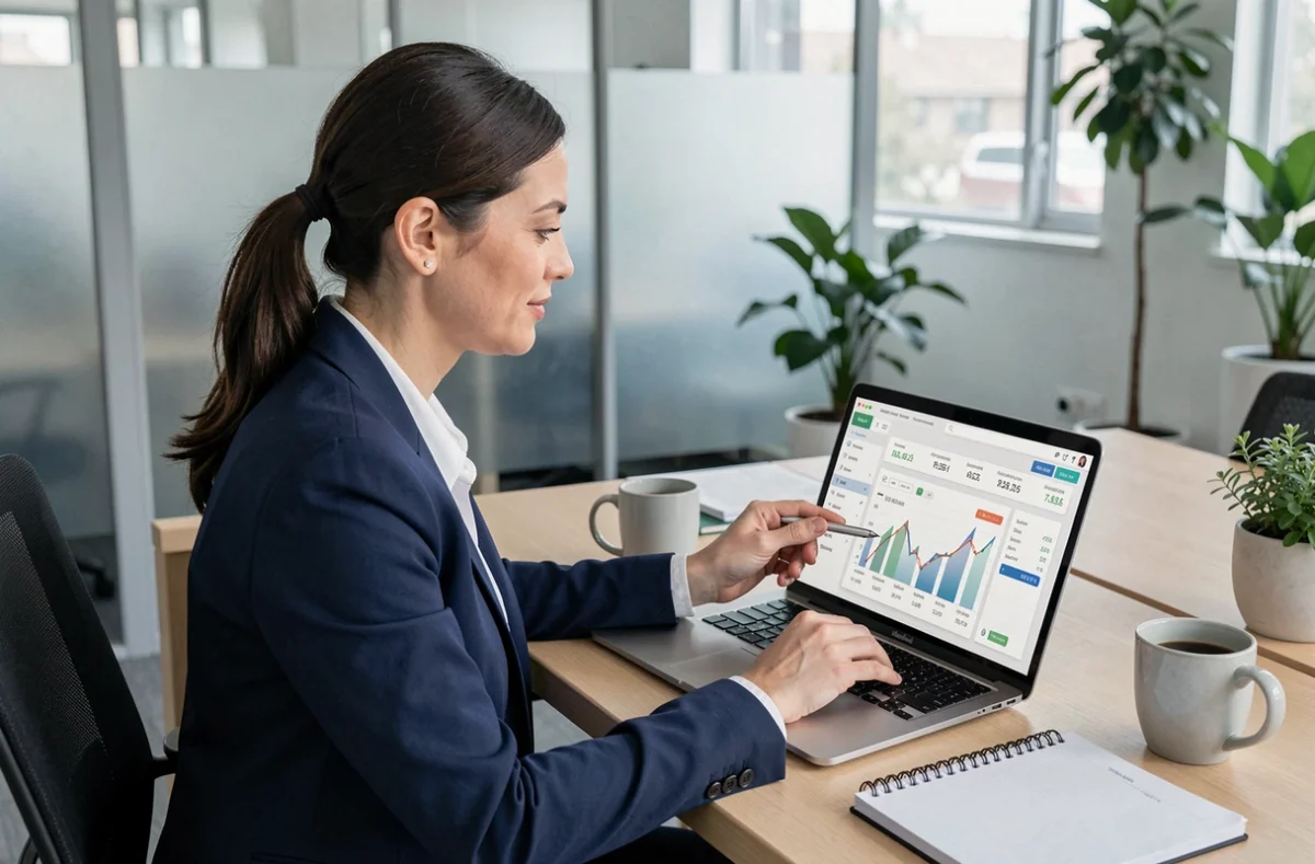 Femme consultant son compte épargne salariale sur un ordinateur portable dans un bureau moderne