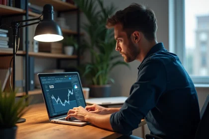 Homme consultant des graphiques de taux de change du dinar algérien sur un ordinateur portable dans un bureau à domicile