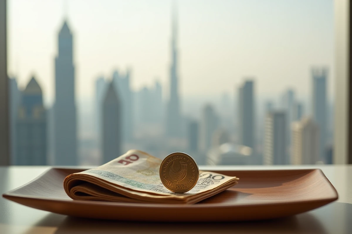 Pièce et billet de dirham émirati posés sur un plateau en bois traditionnel avec la skyline de Dubaï et le Burj Khalifa en arrière-plan flou