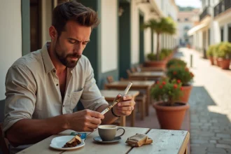 Homme roulant une cigarette avec du tabac à rouler 30g acheté en Espagne, attablé en terrasse d'un café espagnol avec des pièces en euros et un expresso