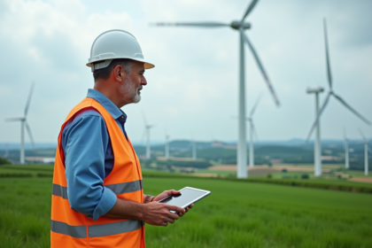 Ingénieur énergie à côté d'éoliennes dans un paysage vert