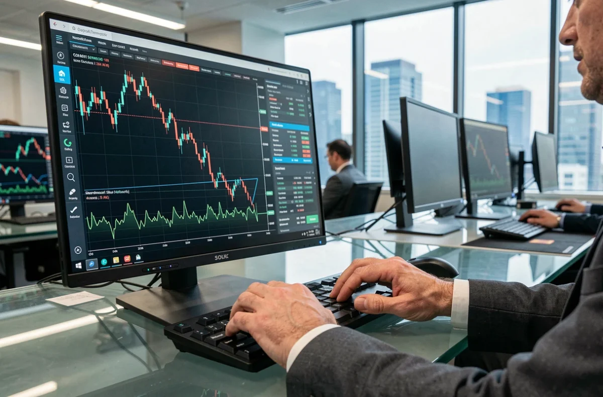 Écran de terminal de trading affichant la courbe de chute du cours de Solana comparée aux performances des réseaux blockchain concurrents