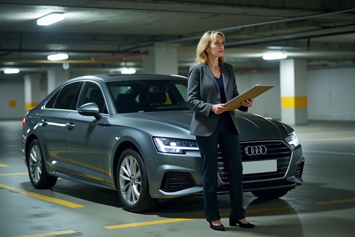 Femme d'affaires consultant des documents fiscaux relatifs à l'amortissement non déductible d'un véhicule de tourisme en parking d'entreprise