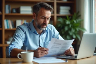 Homme de 40 ans vérifiant une déclaration Cerfa 3916 bis à son bureau à domicile avec formulaires imprimés et ordinateur portable