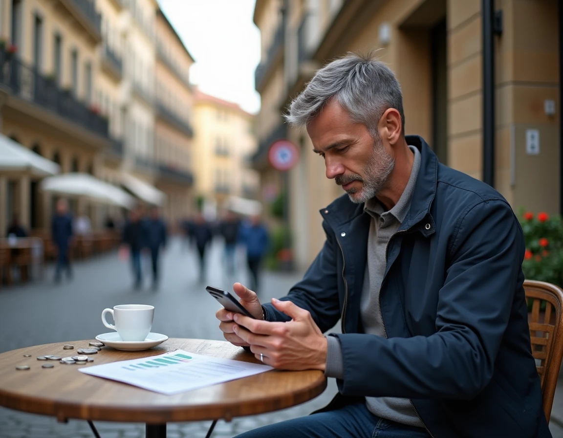 Voyageur comparant les taux de change en euros sur smartphone à une terrasse de café européen pour éviter les arnaques